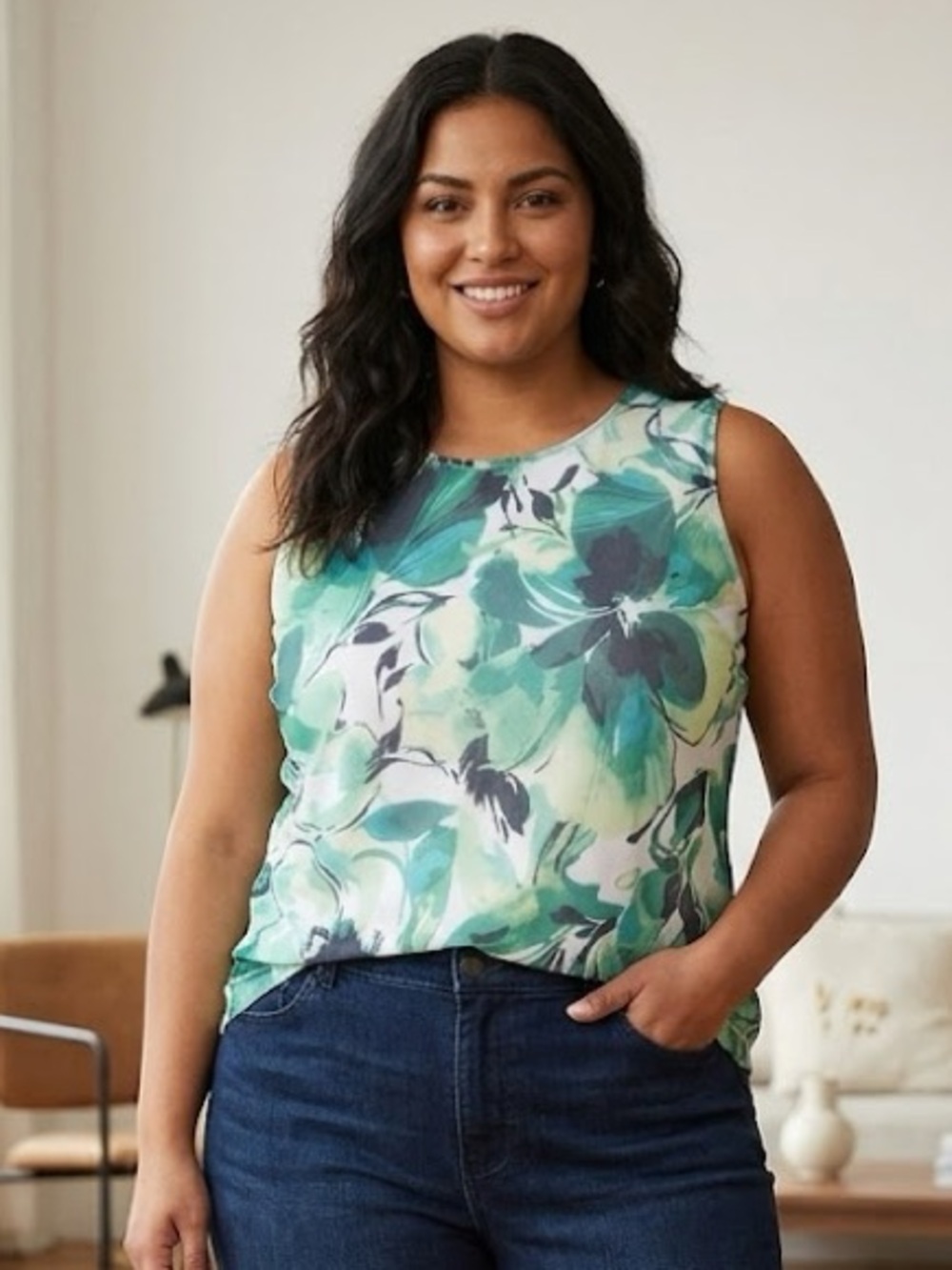 Sleeveless Floral Mesh Overlay Tank